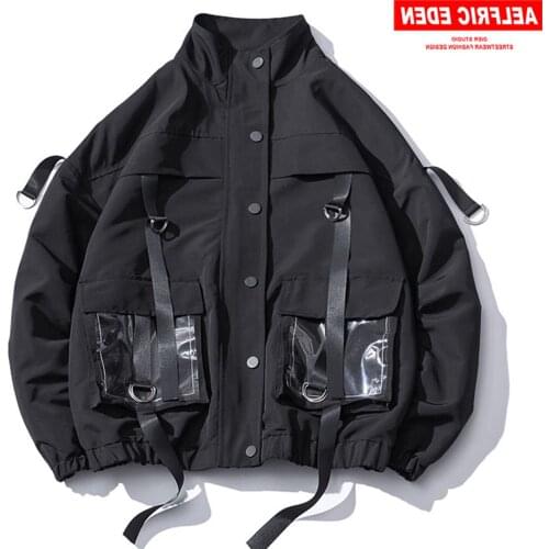 Hip Hop Solid Pockets Ribbons Mens Cargo Jackets 2021 Autumn Harajuku Tops Fashion Streetwear Casual Cotton Coats