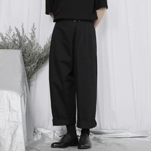 Original new casual pants mens Capris Japanese Yamamoto style dark inclined buckle asymmetric loose wide leg pants