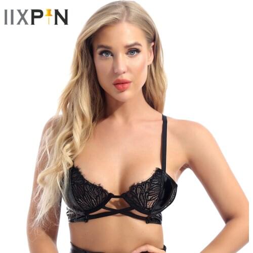 Lingerie Hot Sexy Lace Bra Top Womens Wet Look Patent Leather Hollow Out Bras Adjustable Shoulder Strap Patchwork Underwired Bra