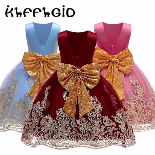 New big bow girls' Birthday Dress summer dress Princess Party Dress foreign style gold lace New Years Day gift Sequin party Chr