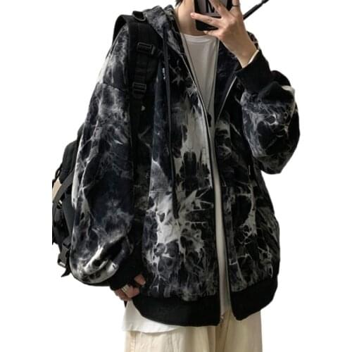 Clothes online celebrity tie-dyed sweater mens hooded cardigan Korean fashion couple loose wild coat ins Hong Kong style