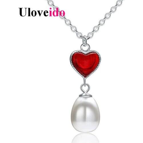 Uloveido Heart Necklaces & Pendants Necklace Women Enamel Simulated Pearl Suspension Silver 925 Jewelry with Box 5% Off WE249