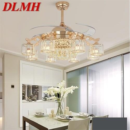 DLMH Ceiling Fan Lights Luxury Crystal Lamp Remote Control Without Blade Modern Gold For Home Dining Room