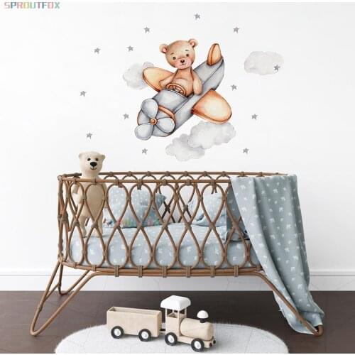 Cute Bear on Airplane Wall Stickers Stars Clouds Wall Decals for Kids Boy Room Bedroom Baby Nursey Home Decoartion Animals
