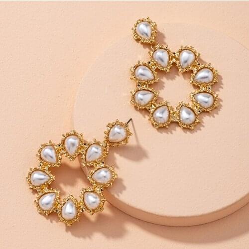 TARCLIY New Fashion Inlaid Drop-Shaped Imitation Pearl Drop Earring Geometric Round Metal Exaggerated Golden Women Jewelry Party