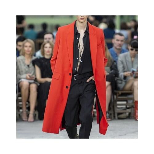 Mens windbreaker handsome show loose spring row buckle knee-length lapel spring new product red coat