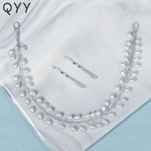 QYY Bridal Wedding Hair Accessories Handmade Pearl Headbands for Women Silver Color Bride Headpiece Party Hair Jewelry Gift