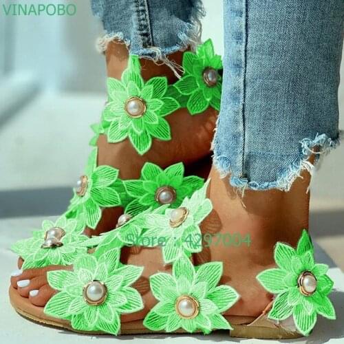 2021 Women Artisanal Sandals Summer Womens Floral Pearl Flat Sandals Toe Ring Beach Shoes Dress Sweet Sandals Ladies Sandalias