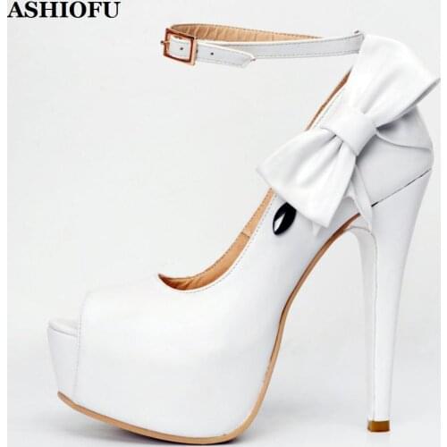 ASHIOFU New Hot Sale Ladies High Heel Pumps Butterfly-knots Wedding Party Dress Shoes Peep-toe Sexy Platform Fashion Court Shoes