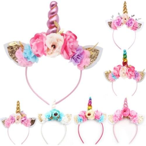 Brand New 2018 Women Kids Party Gold/Silver Unicorn Horn Headband Flower Horn Girls Headwear Birthday Hairband Hair Accessories
