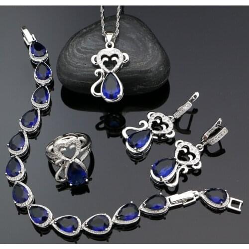 Monkey 925 Silver Jewelry Kits For Women Party Accessories Blue Cubic Zirconia Earrings Pendant Ring Bracelet Necklace Sets