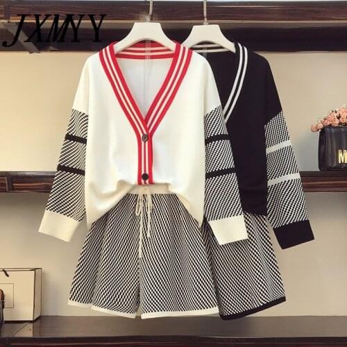 JXMYY Fashion Plus Size Womens Autumn Clothes Westerly V-Neck Knitted Cardigan + Plaid Shorts Two-Piece Suit