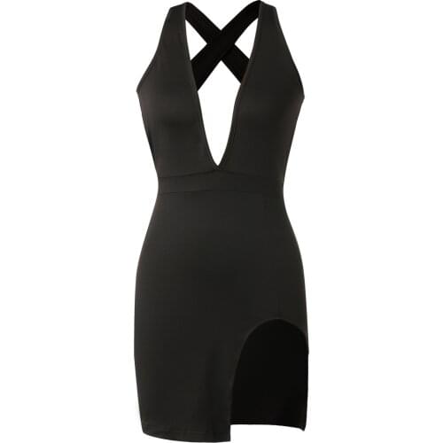 Women Sexy V-neck Backless Dress Fashion Sleeveless Split Solid Color Dress for Ladies