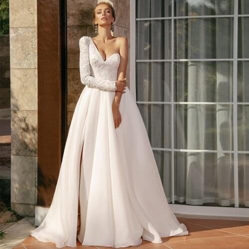 Sexy Wedding Dresses Tulle Appliques Pleat Sweetheart One Shoulder Zipper A-Line Bridal Gowns Novia Do 2021 New Party