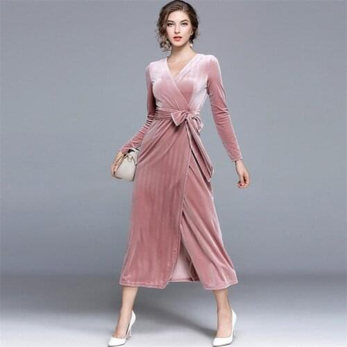 Gold Velvet 2020 Spring Winter Evening Party Dresses Pink Dress Women Sexy Velour Elegant Long Dresses Vestidos Big Size M-3XL