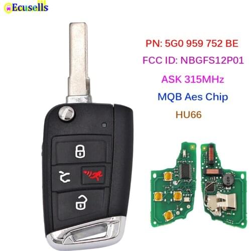 3+1 Button ASK 315MHz Smart Key MQB AES Chip for VW 2015-2020 Golf GTI PN: 5G0 959 752 BE FCC ID: NBGFS12P01 HU66 with Recess