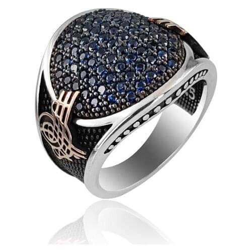 925 Silver Blue Stone Covered Casual Men Ring Ethnic Ottoman Ring for Man