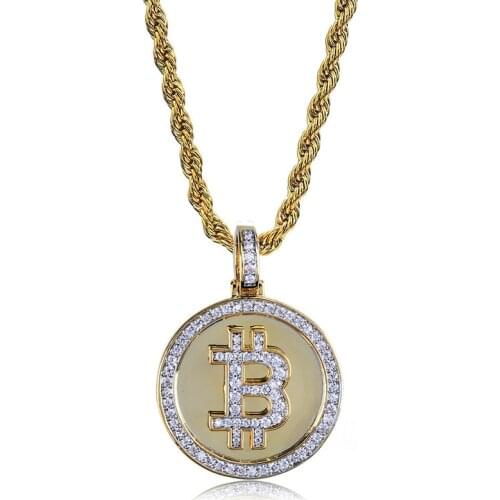 Golden Iced Out Micro Pave Zircon Bitcoin Pendant Initial B Letter Charm Necklace Hip Hop Jewelry Gift