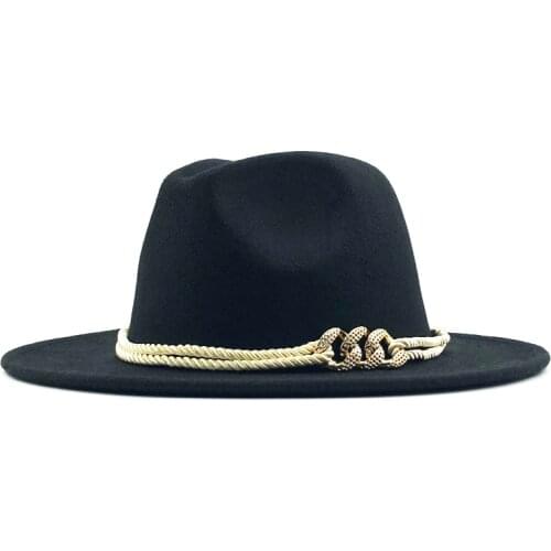 Black Wool Felt Jazz Fedora Hats Belt Buckle Decor Women Unisex Wide Brim Panama Trilby Cowboy Cap Sunhat