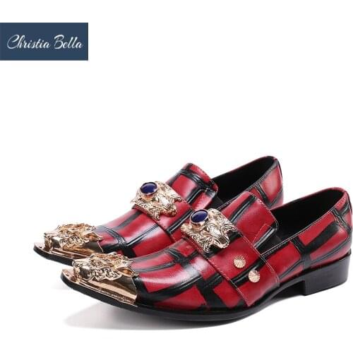 Christia Bella Designer Brand Gingham Rivet Men Party Leather Shoes Male Metal Pointed Toe Formal Shoes Fashion Prom Dress Shoes
