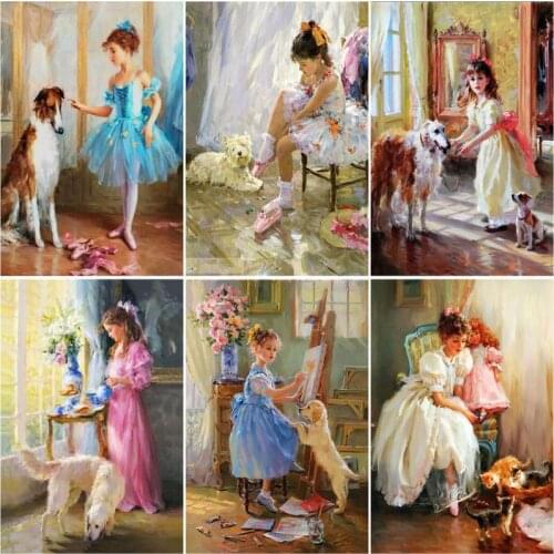 CHENISTORY 60x75cm Frame Painting By Number For Adults Gilrs And Dog Picture By Numbers Acrylic Paint On Canvas Home Decor Gift