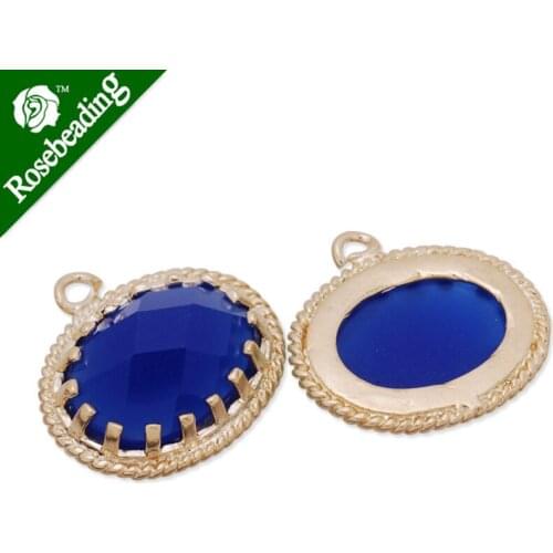 15x16.5mm matt gold plated framed glass,Faceted glass,royal blue,connectors,gemstone bezel,Sold 5pcs/lot-C4162