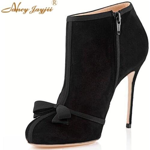 Nancyjayjii Black Purple High Heel Knot Decoration Shoes Sexy Elegant Black And Multicolor Flock Ankle Boots large size 4-16