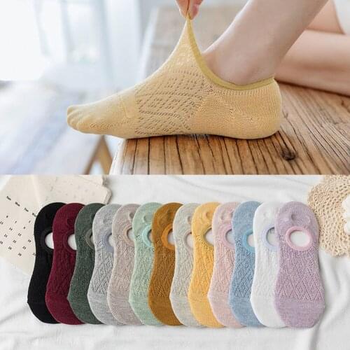 5 Pairs Women Cotton Low Cut Socks Solid Snowflake Softable Summer Silicone Non-slip Deep Mouth Prevent Heel Loss Slipper Socks