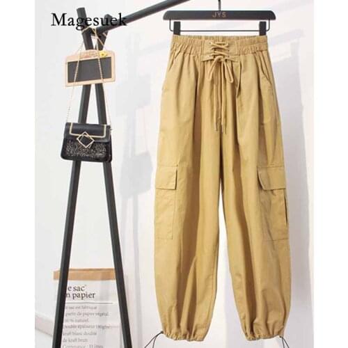 Autumn Cargo Pants Elastic Trousers High Waist Women Casual Streetwear Harem Pants Woman Pants Solid Women Femme Pantalon 10661