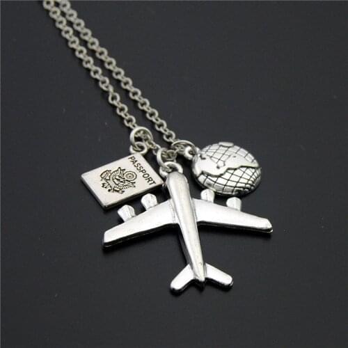 1pc 2019 Wanderlust Passport Earth Airplane Necklaces & Pendants Silver Color Travling Handmade Jewelry E1020