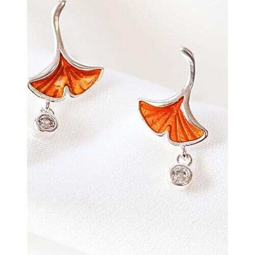Simple Ginkgo Leaf Mori Epoxy Plant Cubic Zirconia 925 Sterling Silver Earrings For Women Trendy Bling Jewelry Wholesale