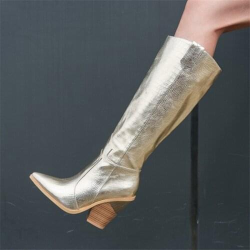 PXELENA 2020 Large Size 34-45 Fashion women boots thick high heels knee high boots pointed toe gold winter boots Long boots Shoe