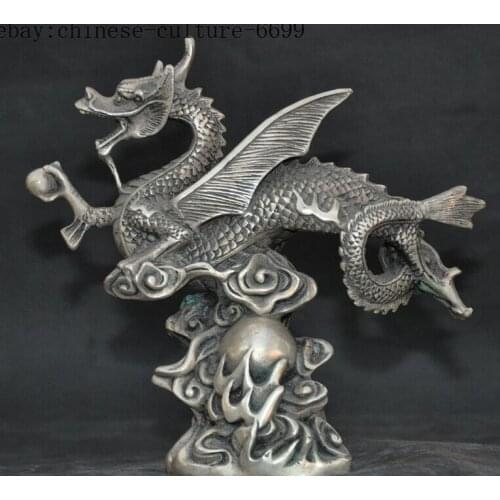 RARE OLD CHINESE TIBETAN SILVER FENG SHUI AUSPICIOUS WEALTH WING DRAGON STATUE