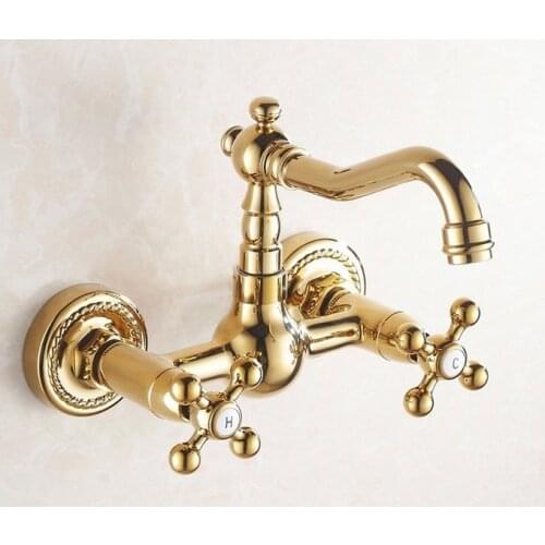 Luxury Gold Color Brass Bathroom Kitchen Sink Basin Faucet Mixer Tap Swivel Spout Wall Mounted Dual Cross Handles mgf019