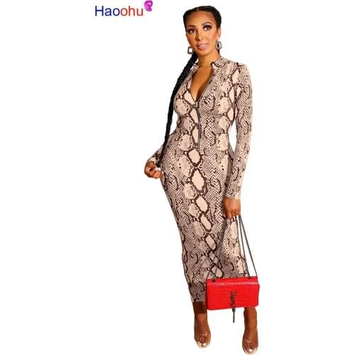 Snake Print Sexy Bodycon Dress Women Wear on Both Sides Midi Tight Christmas Dresses Long Sleeve Night Club Party Dress