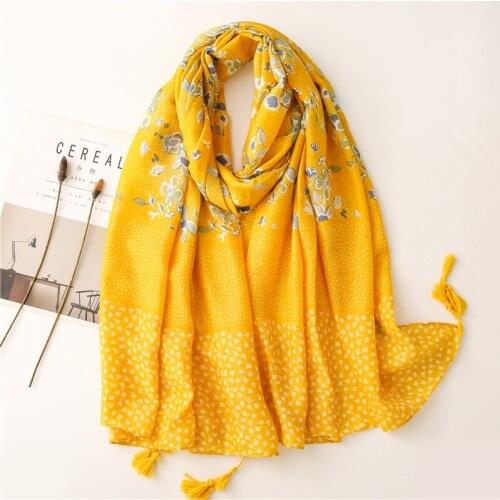 2021 Luxury Fashion Yellow Floral Patchwork Tassel Viscose Scarf Lady High Quality Shawls and Wraps Stole Bufandas Muslim Hijab