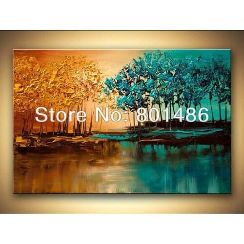 Modern abstract oil painting blooming trees Blue And Golden landscape wall decor wholesale textured picture for living room
