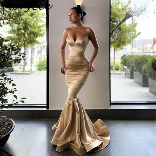 Prom Dresses Champagne Sweetheart Spaghetti Straps Silk Satin Mermaid Prom Dresses With Zipper Back vestidos de fiesta de noche