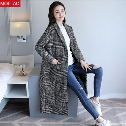 Women Wide Waist Turn-Down Collar Coat Blend wool Plaid Long Coat