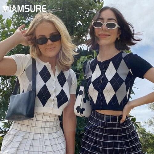 IAMSURE Prairie Chic Argyle Plaid Knited Tshirt O-Neck Short Sleeve Crop Top Casual Preppy Style Streetwear 2021 Spring Autumn