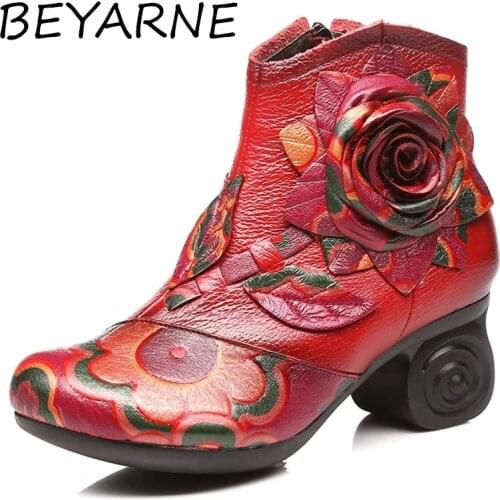 BEYARNELWinter Shoes Woman Cow Leather Flower Shoes High Heels Ankle Boots Genuine Leather Handmade Retro Women Boots
