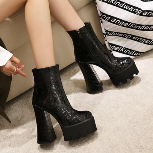 2021 Brand Design Fall Winter Fashion Ladies Ankle Boots Super High Square Heels Waterproof Platform Women Chic Night Club Shoes