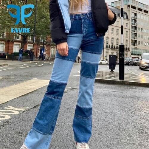 FAVRE Patchwork Streetwear 90s Vintage Straight Jeans Women High Waist Plaid Contrast Korean Denim Pants Fashion Trousers 2020