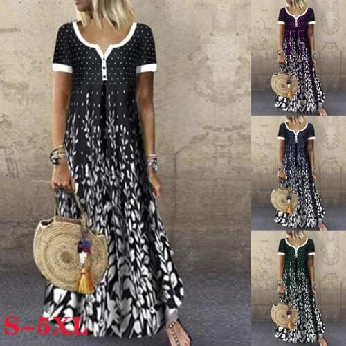 Women Casual V Neck Short Sleeve Large Hem Leaves Print Beach Long Dress