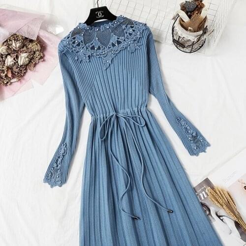 Women Knitted Sweater Long Dresses Stitching Lace Crochet Beading Slim Dress Ladies Urban Drawstring Dress