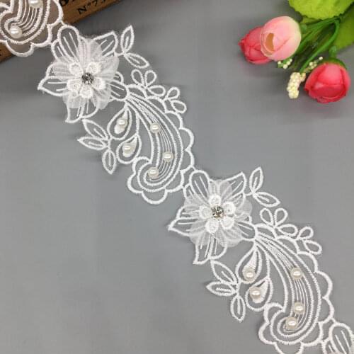 1 yard White Pearl Beaded Flower Lace Trim Embroidered Lace Ribbon Fabric Sewing Craft For Costume Clothes Decoration 6.8cm