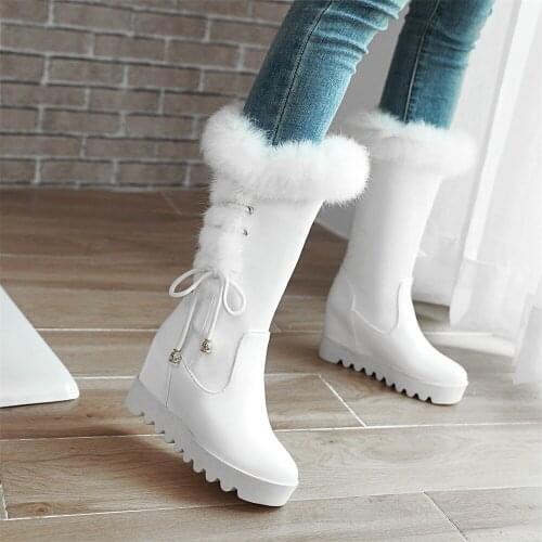 2020 Winter Warm Fur Knee High Boots Womens Snow Boots High Heels Lace-up Female Shoes Thigh High Boots zapatos de mujer33 40 43