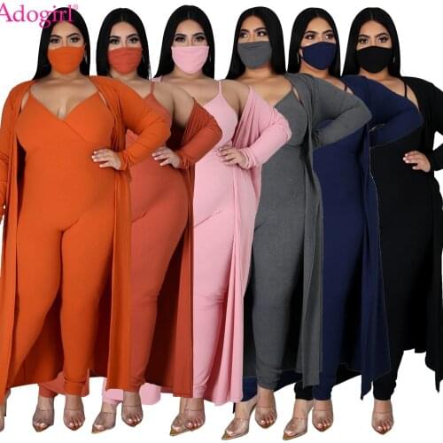Adogirl Sexy Solid Ribbed Three Piece Set Jumpsuit XL-5XL V Neck Sleeveless Bodycon Romper Long Cardigan Tracksuit Outdoor Wear