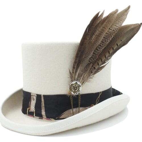 13.5CM Top Women Men White Steampunk Top Hat With HandWork Leather Wool Fedoras Hat / Cylinder Hat/ Chimne Cap