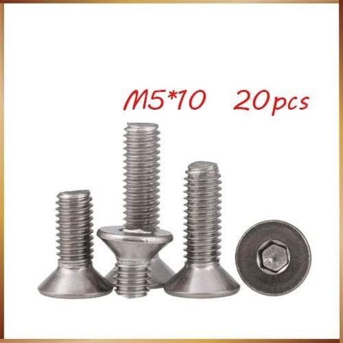 Free shipping 20pcs M5*10mm M5X10 304 Stainless steel Flat Screws Inner Hexagon Socket Countersunk Head stainless nails,bolts